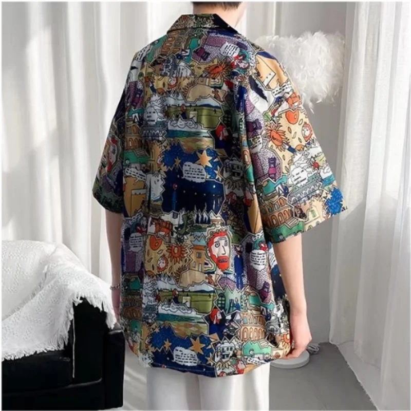 Japan Anime Cartoon Printed Vintage Cargo Shirt Summer New Men Hawaiian Short Sleeve Casual Mens Women Couple Shirts Oversized