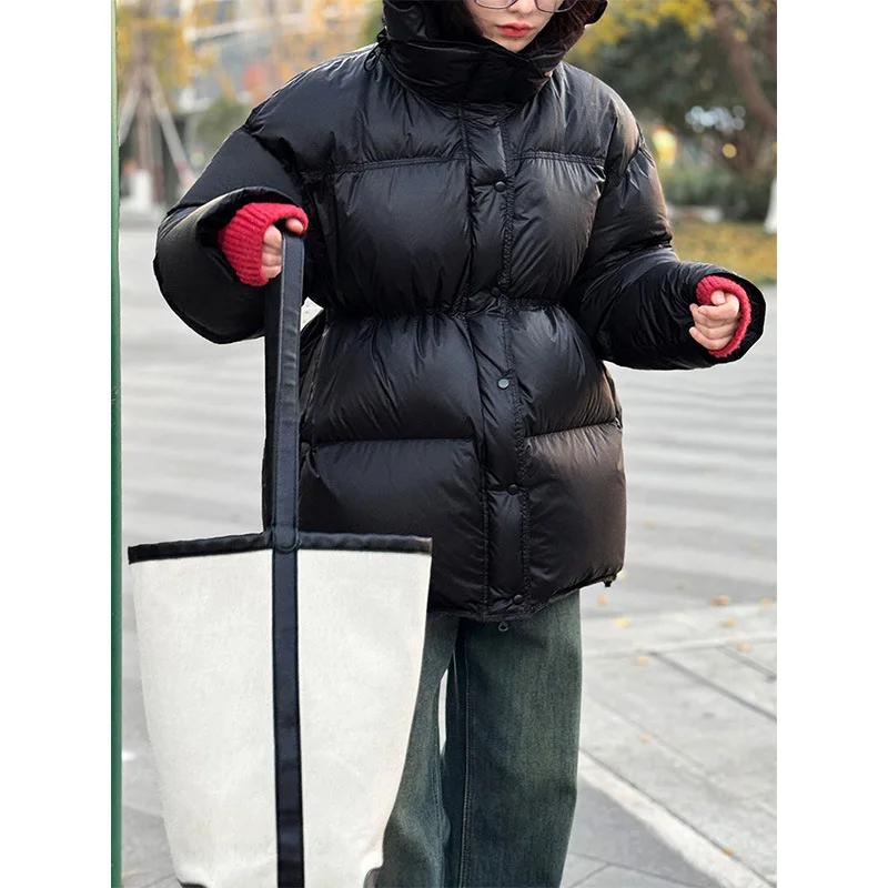 Hooded Down Jacket For Women, Medium Length, Gathered Waist, Thickened And Soft 90% White Duck Down Puffer Coat