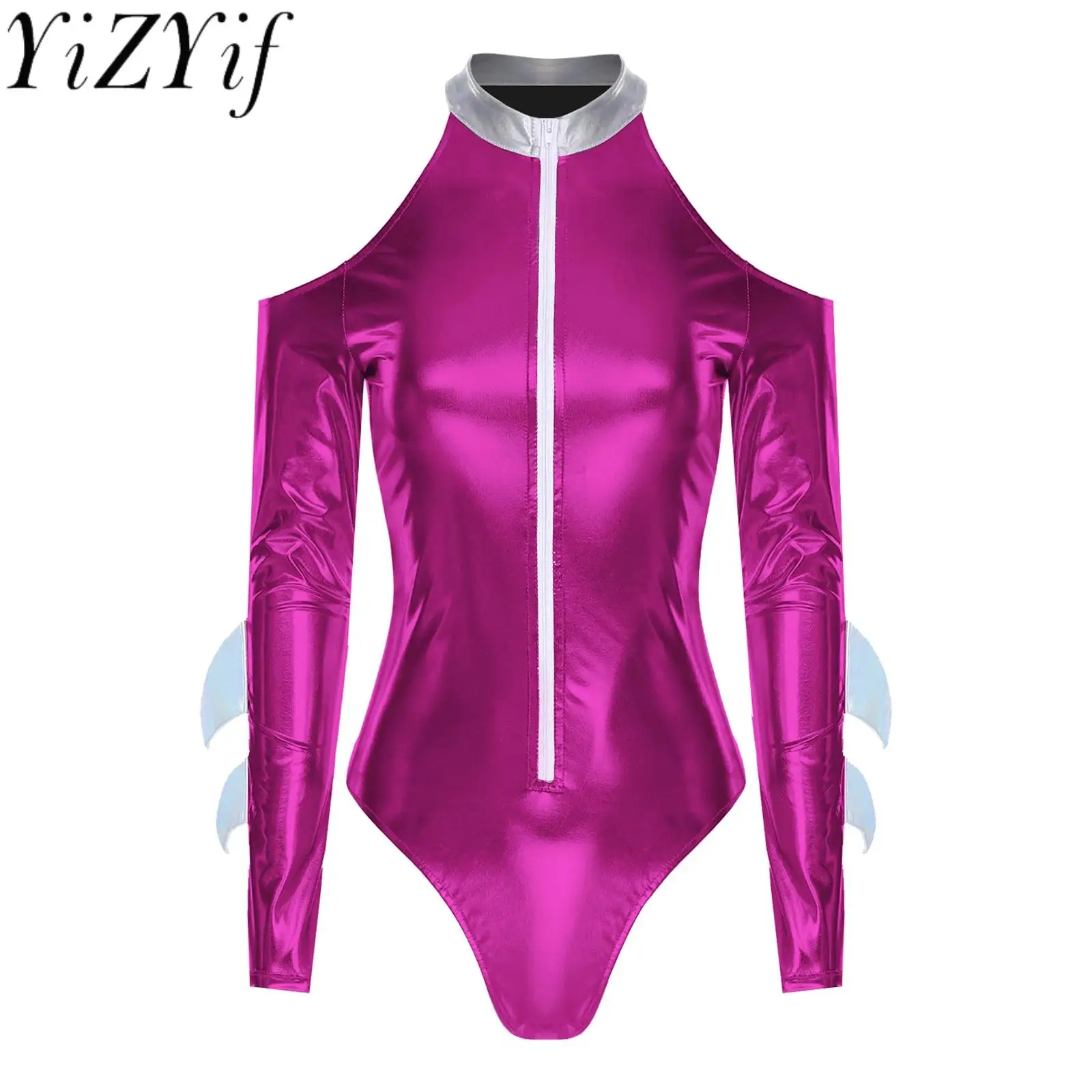 

Хэллоуин Акула Косплей Костюм Взрослых Женщин С Длинным Рукавом Металлический Танец На Пилоне Боди с Высоким Вырезом для Вечерние Клубные Сценические Соказания