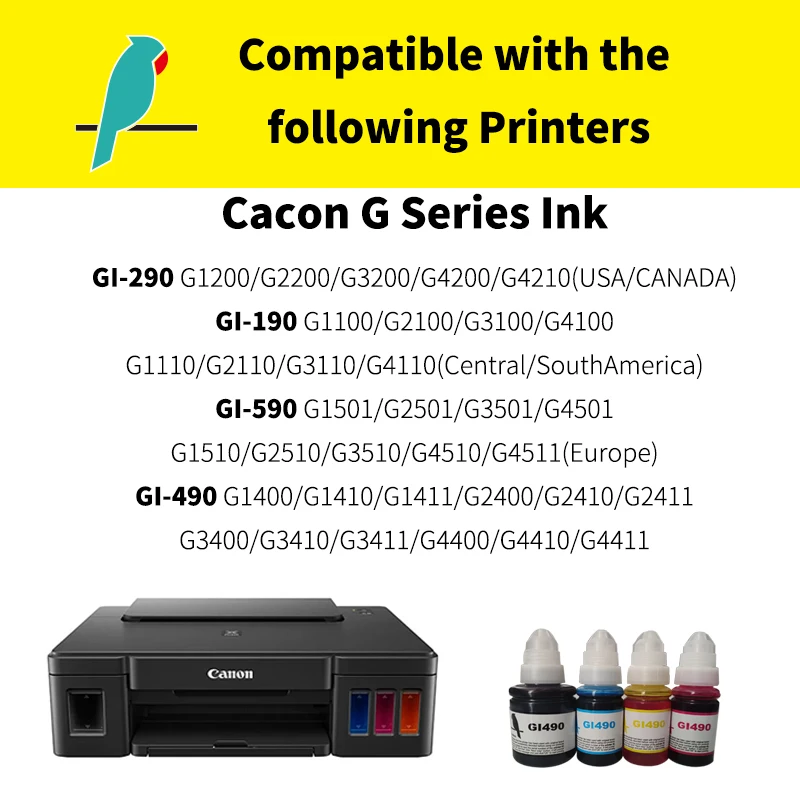 Compatible Dye Ink Bottle Printer GI490 GI590 GI190 GI290 GI990 GI790 GI890 Replacement for Canon Pixma G1000 G1400 G1500 G2000