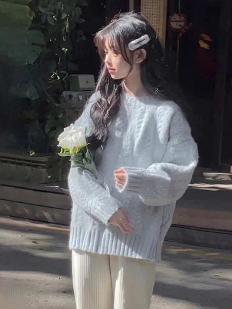 

Мягкий синий женский вязаный свитер, осенне-зимняя внутренняя одежда, нежный Sle, новинка 2025 года, высококачественная верхняя одежда