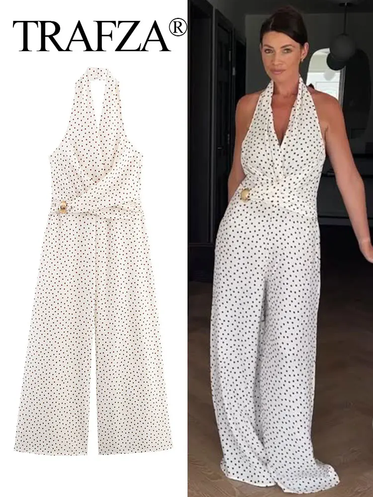 

TRAZFA Female Polka Dot Printed Midi Jumpsuit Sleeveless Pleated Halter Neck Metallic Buckling Backless Autumn Fashion Onesie