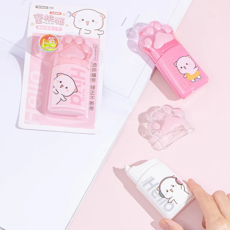 Peach cat correction tape with large capacity PET film cute cat claw alteration tape 12m kawaii accessories