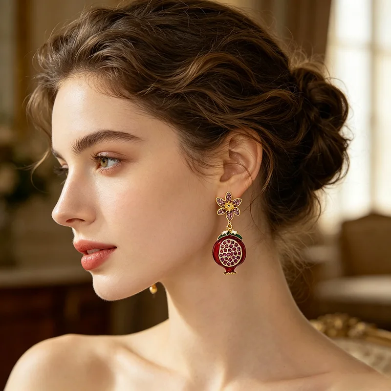 Women Vintage CZ Pomegranate Flower Stud Earrings Retro Fruit Shape Enamel French Light‑Luxury High‑End Design Elegant Female Ea