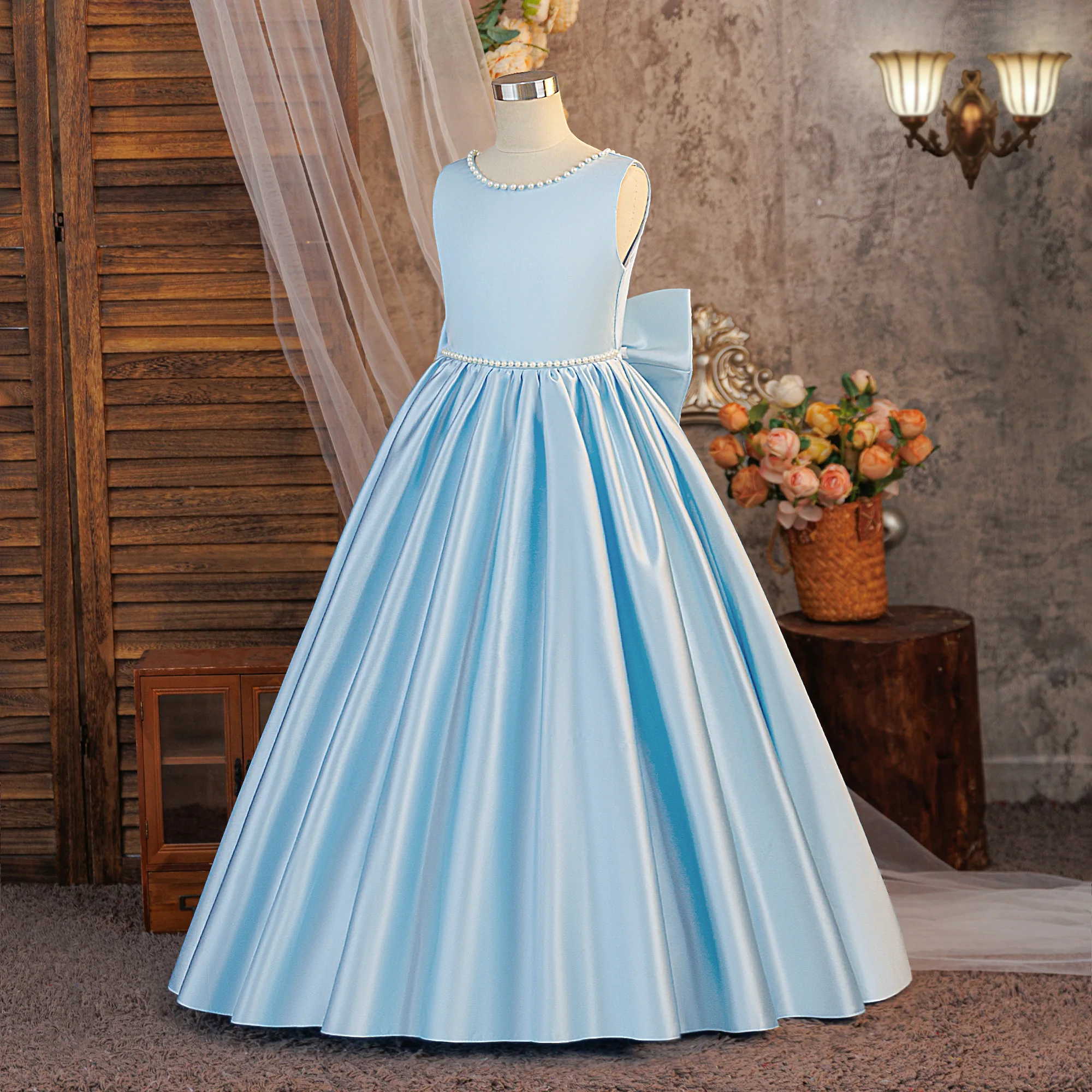 Satin Brautjungfernkleid für Partys, Weihnachtskostüm, Schleife, Taufe, Hochzeit, Prinzessinnen-Ballkleid, Mädchen-Gala- und Neujahrs-Abendkleid – Detail 12