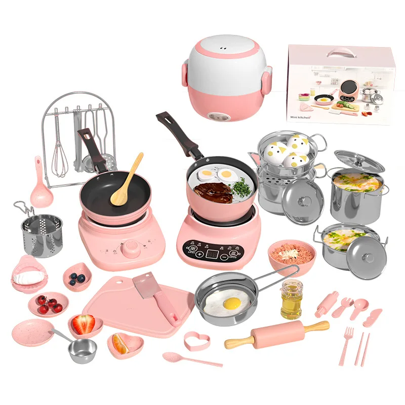 

Educational Pink Girls Modern MiniIndoor Home Play DIY Real Cooking Kids Toy Kitchen Cookware Play