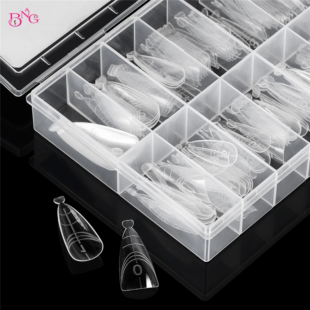 BNG 140Pcs Dual Nail Forms Poly Extension Gel Nails Full Cover Nail Tip Builder Molds 14 Sizes Clear Almond for Solid Nail Gel
