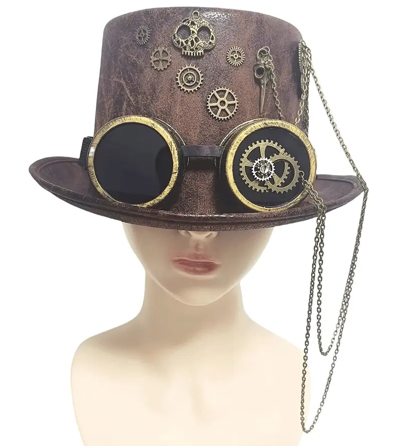 Sombrero gótico oscuro estilo steampunk con engranaje de reloj de cadena de calavera dorada vintage y gafas de protección para los ojos.