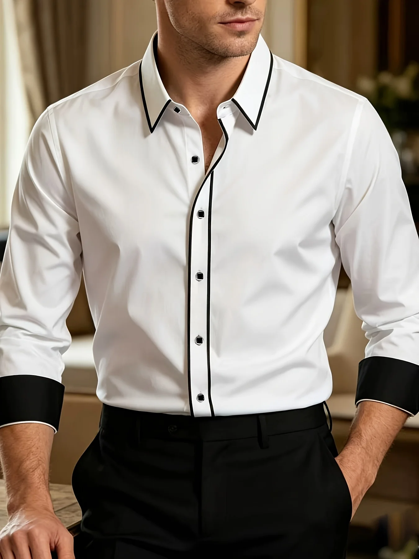 FGKKS Herrenhemd, modisch, brandneu, Patchwork, langärmelig, Smart Casual, mikroelastisch, weißes Business-Hemd für Herren, für vier Jahreszeiten
