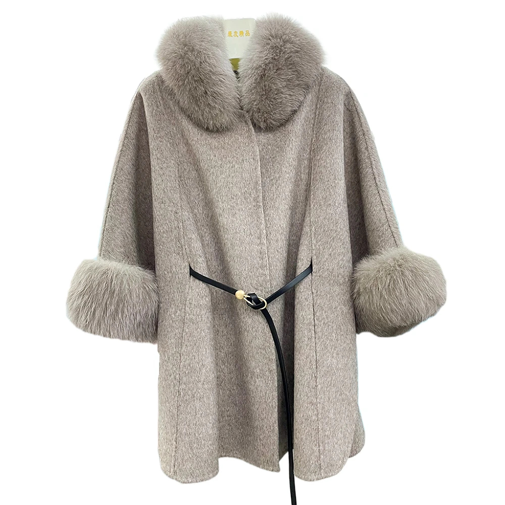 

ZDFURS*Double-Sided Alpaca Fleece/Fiber Fox Fur Fur Coat Women's Mid-Length Wool Overcoat Cloak Double-Sided Woolen Woolen Coat