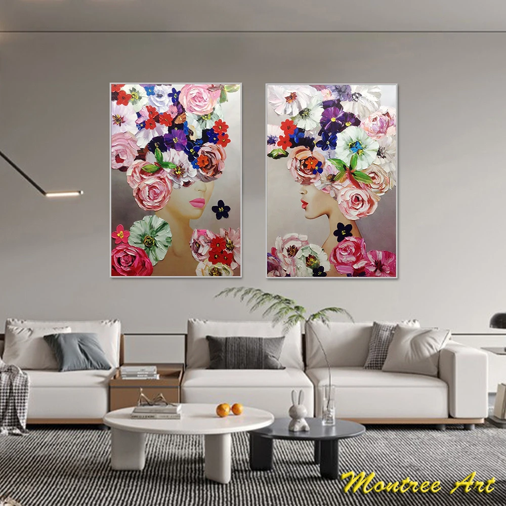 Hand Painted Oil Painting Original Beautiful Girl Painting on Canvas 3D Textured Flower Wall Art Floral Painting Modern Decor