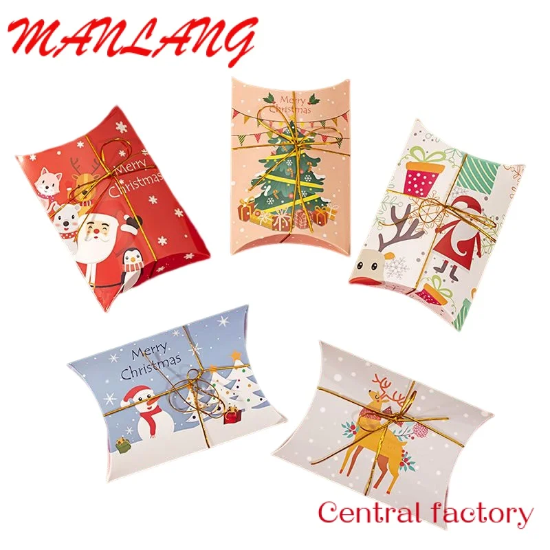 

Custom Hot Sell Santa Snowman Kraft Paper Pillow Box Candy Cookie Treat Merry Favor Gift Boxes For Food Packaging