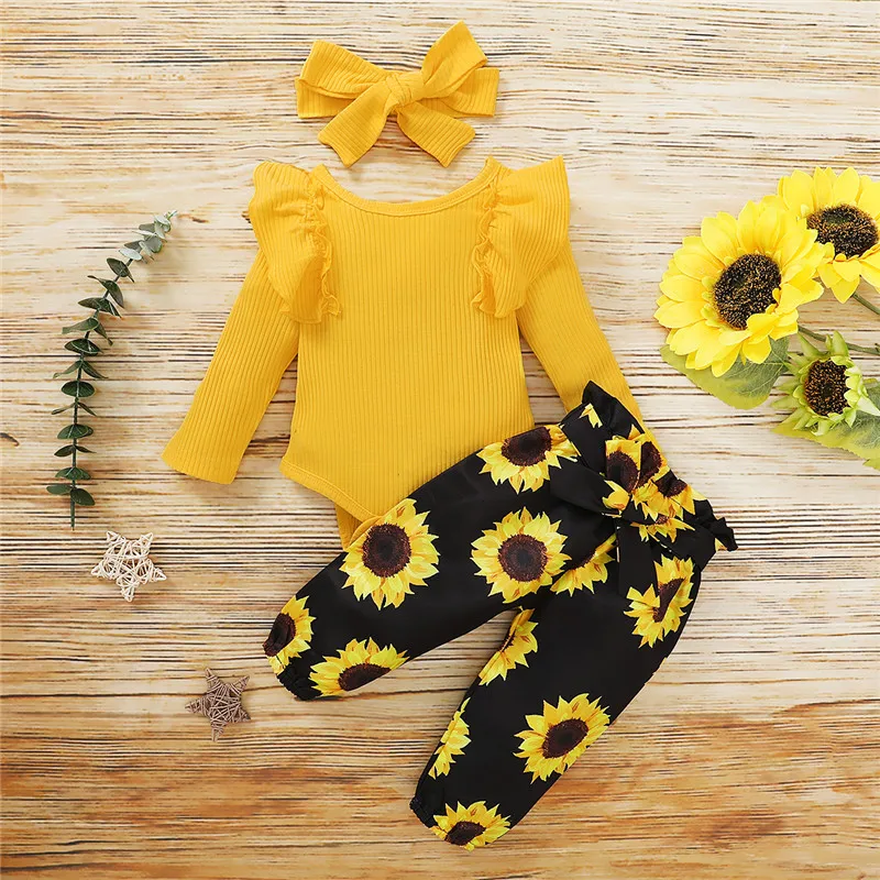 0-24months Baby Girls Clothes Set Solid Yellow Ribbing Romper Sunflower Loose Trousers Bow Headband Girls 3pcs Outfits