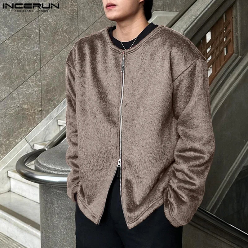 Fashion Casual Style Tops INCERUN New Men's Plush Texture Zipper Design Jackets Handsome Male Solid Simple Long Sleeved Jackets