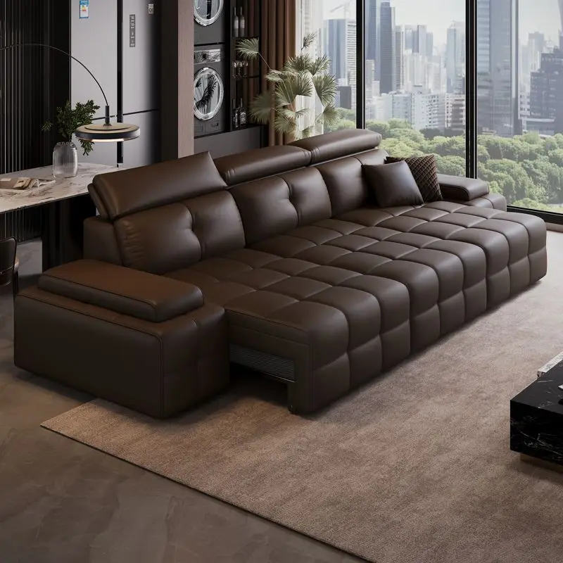 Electric sofa minimalist Italian leather Lawrence sofa bed function straight row living room cowhide against the wall adjustment