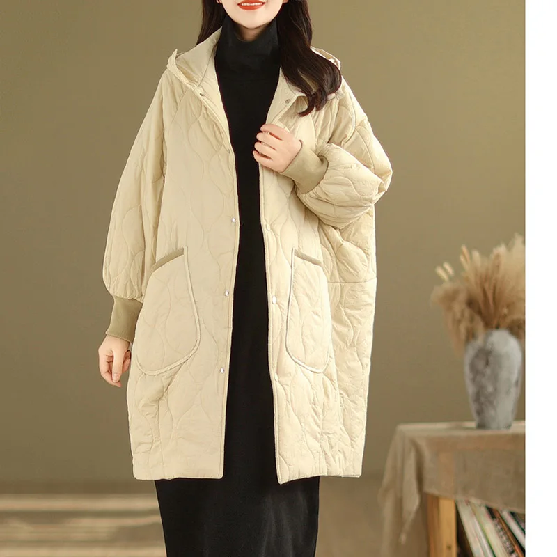 2023 Winter Oversized Mid length Down Cotton Coat Korean Edition Loose Hooded Warm Padded Jacket For Women Casual Overcoat Z4202