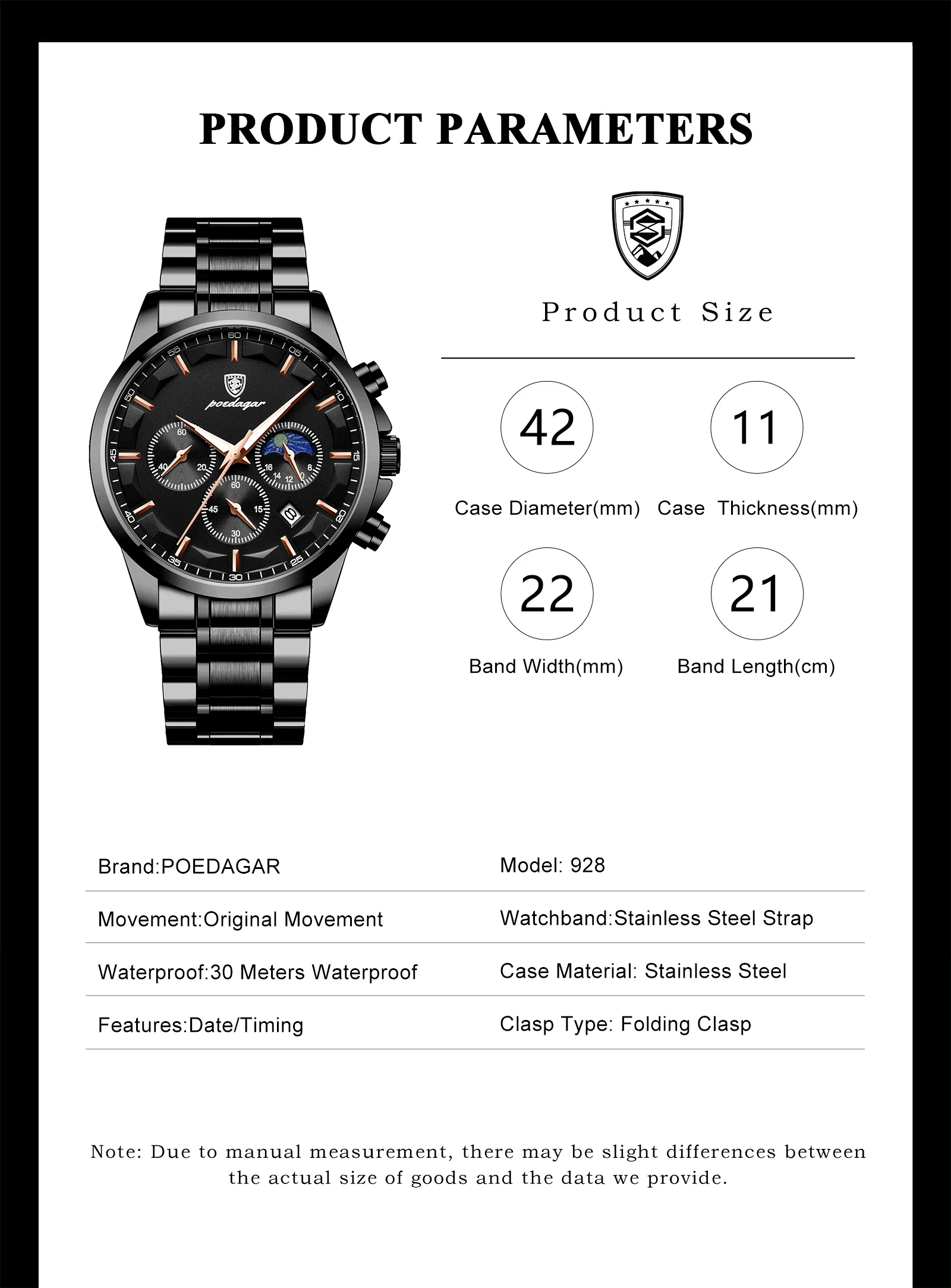 POEDAGAR Top Business Herrenuhren Wasserdicht Leuchtend Edelstahl Mode Herren Armbanduhr Chronograph Datum Herren Quarzuhr – Detail 5