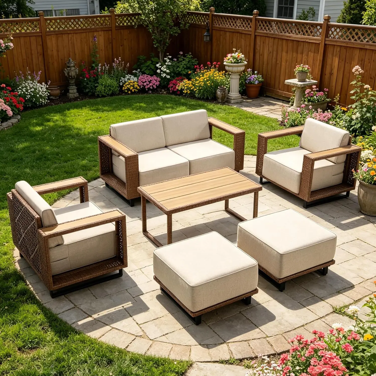 7 Pieces Outdoor Patio Furniture Sets, All-Weather Sectional Sofa PE Rattan Wicker Conversation Set, Outdoor Patio, Customized