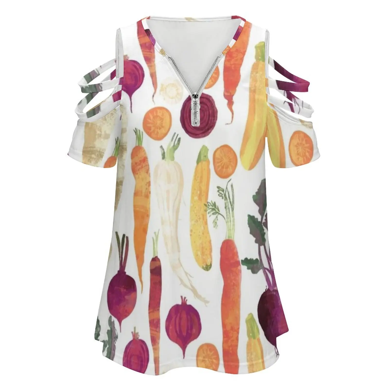 Autumn Vegetables Pattern On White Background New Fashion Zip Off Shoulder Top Short-Sleeve Women Shirt Beetroot Carrot Autumn