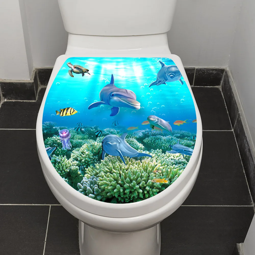 Cartoon Underwater World Toilet Sticker Self Adhesive Removable Reusable Vinyl Toilet Lid Decor