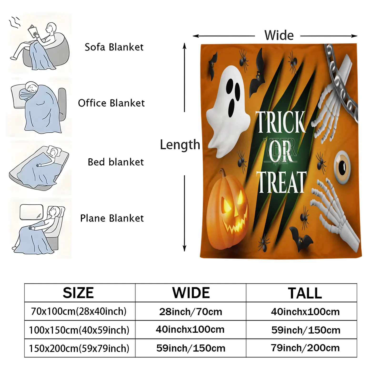 Trick Or Treat Halloween Flannel Throw Blanket Pumpkin Ghost Skeleton Hand Bat Spider Print Warm Sofa Bed Blanket Halloween Gift
