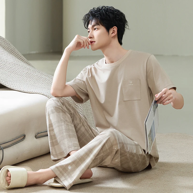 

Plus Size L-5XL Men Knited Cotton Short Sleeve Pajamas Set Summer Male Sleepwear