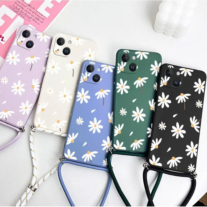 13 Fallen Flowers Lanyard Silicone Phone Case For iPhone 13 12 15 14 11 Pro Max 15 14 Plus X XS XR XSMax 8 7 6 6S Plus Cover