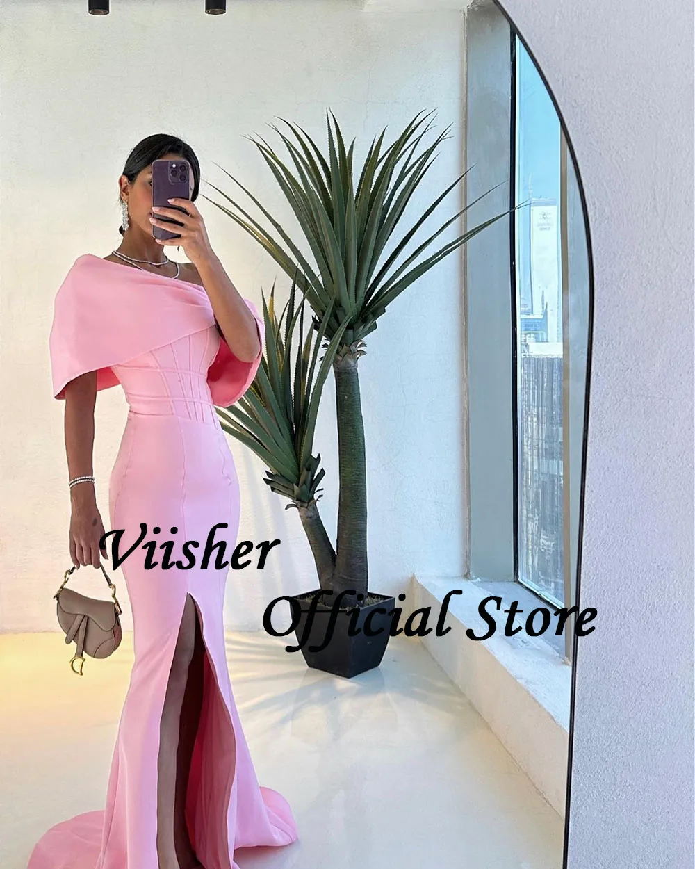 Viisher Pink Mermaid Evening Dresses with Slit Off Shoulder Arabic Dubai Prom Dress Outfits with Train Long Evening Party Gowns