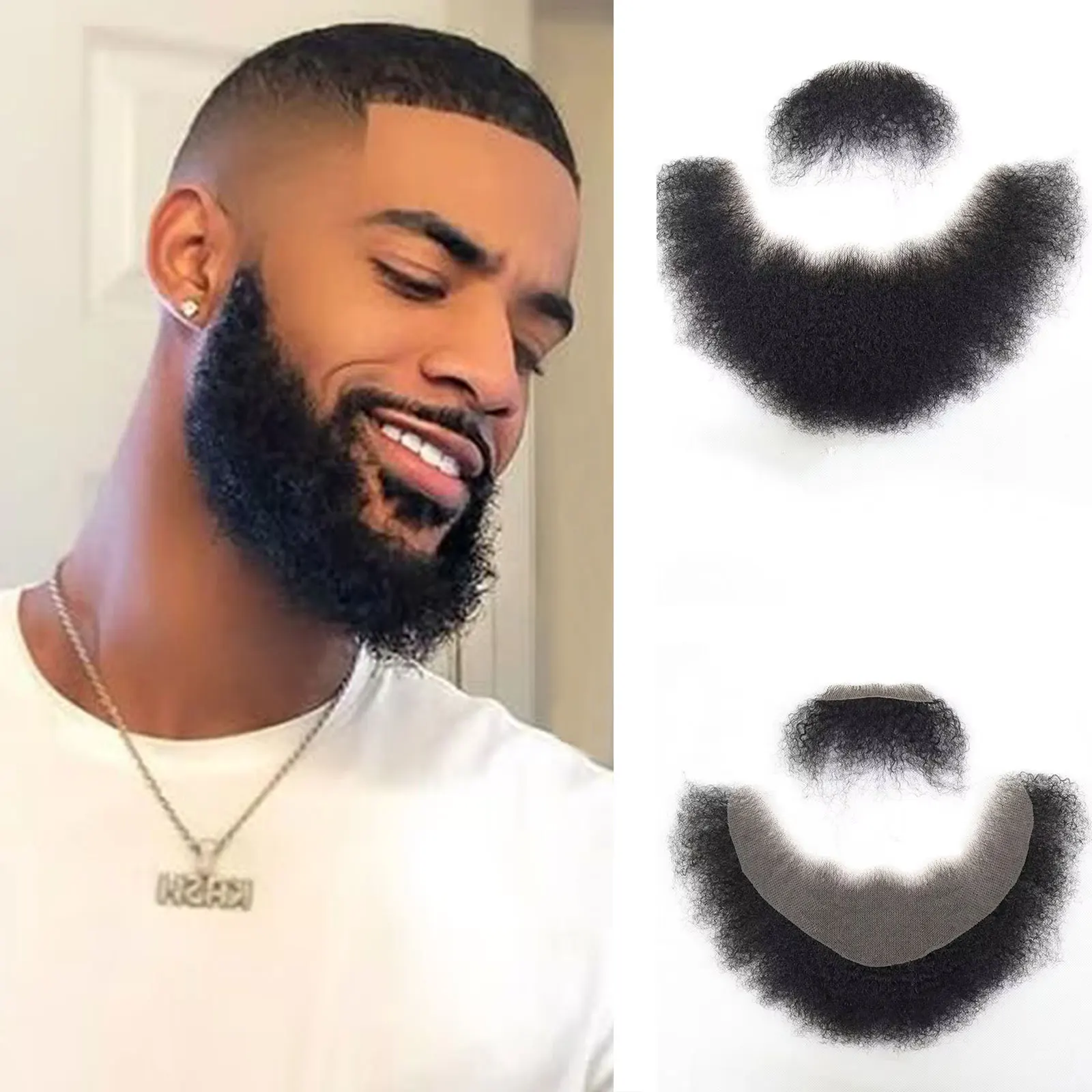 

Black Afro Kinky Curly Fake Face Beard Mustache For Men Human Hair Invisible Breathable Lace Thick Facial False Beard Makeup