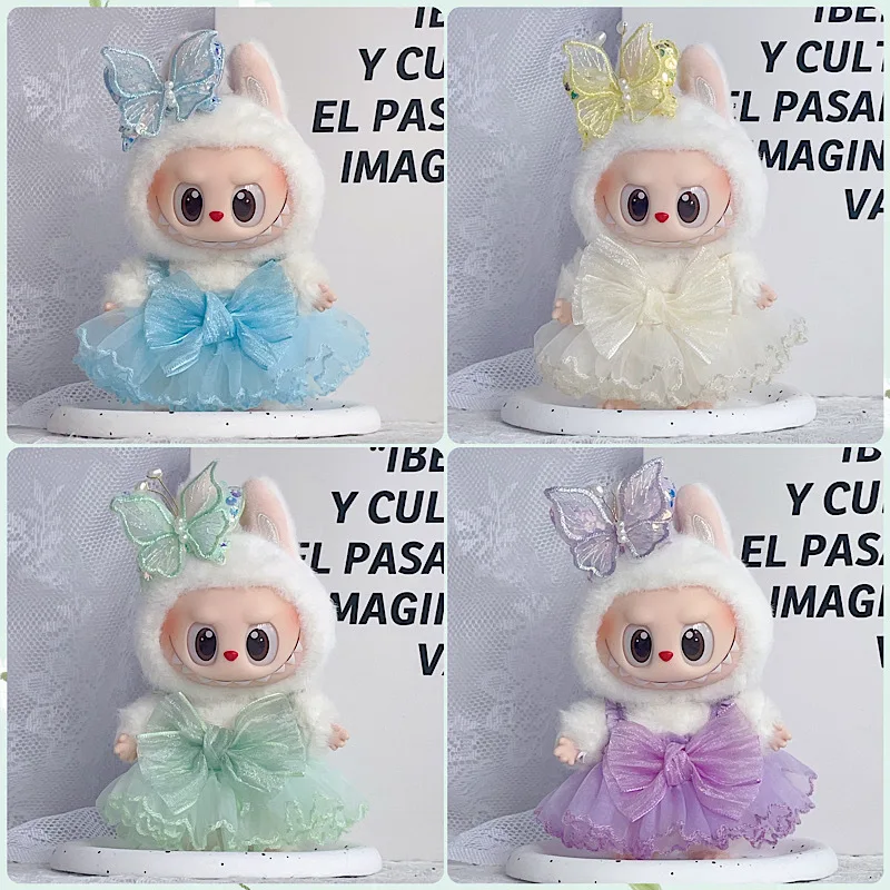 17 سنتيمتر قلادة Labubu دمية 1st 2nd و 3rd الجيل Labubu إكسسوارات دمي الزي فراشة الجنية تنورة وأغطية الرأس