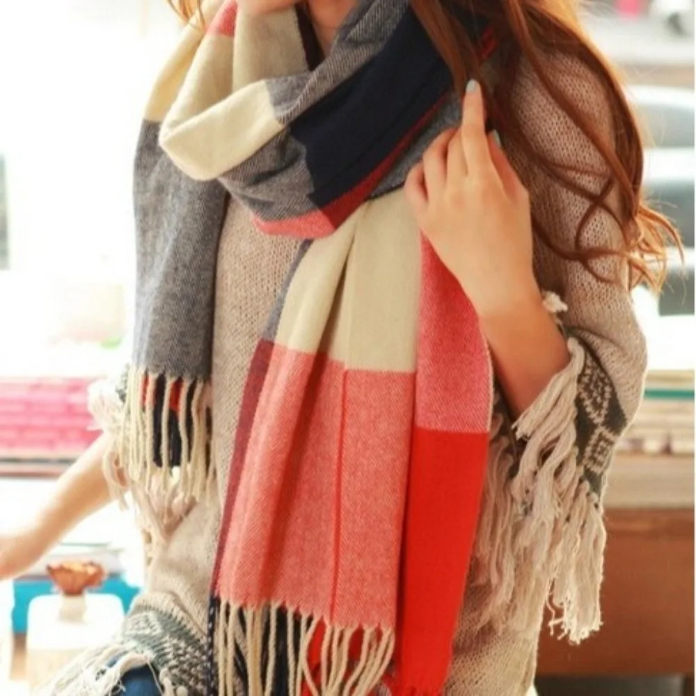 

Casual Windproof Plaid Scarf Thick Tassel Imitation Cashmere Shawl Korean Style Long Shawl Wrap Men