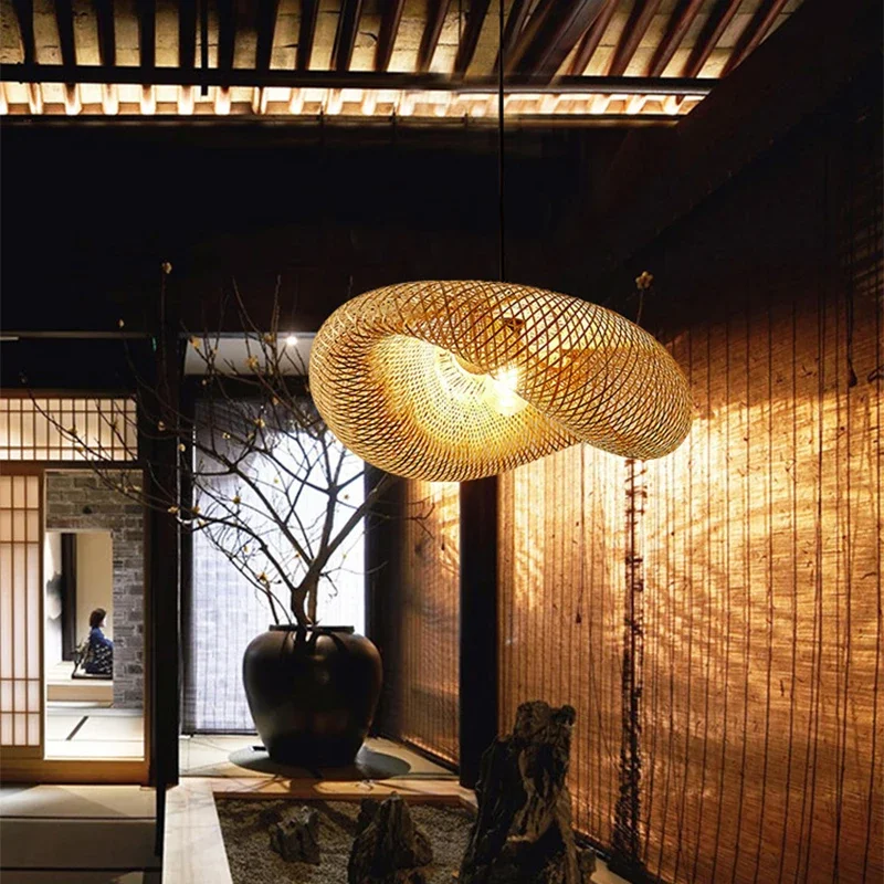 Hand Knitted Chinese Style Weaving Hanging Lamps 18/19/30cm Bamboo Pendant Lamp Restaurant Home Decor Lighting Fixtures