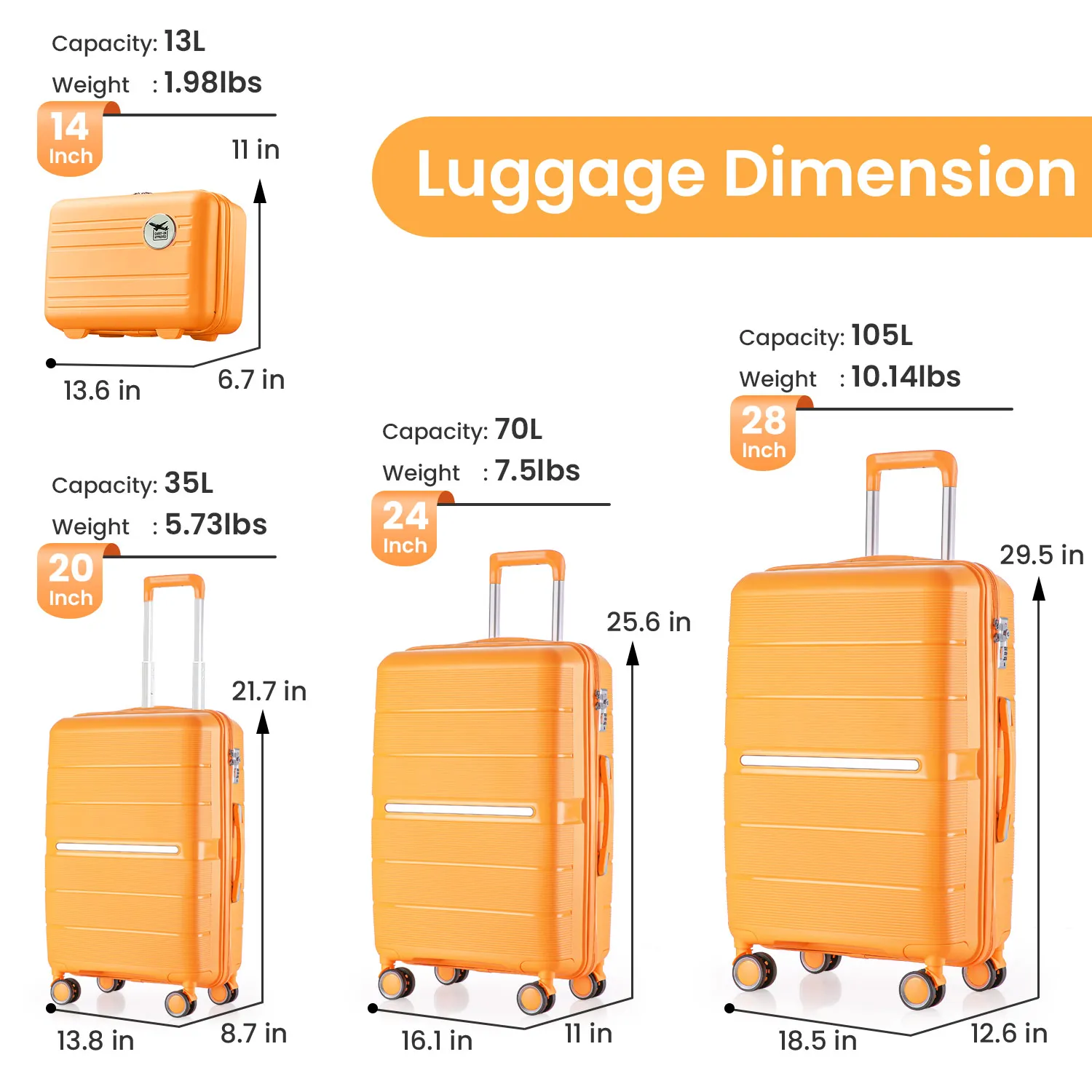 Premium Unisex Suitcase 4 Piece(14/20/24/28)Durable & Stylish Travel Companion with Lock ideal for Daily Use,Boarding,Orange