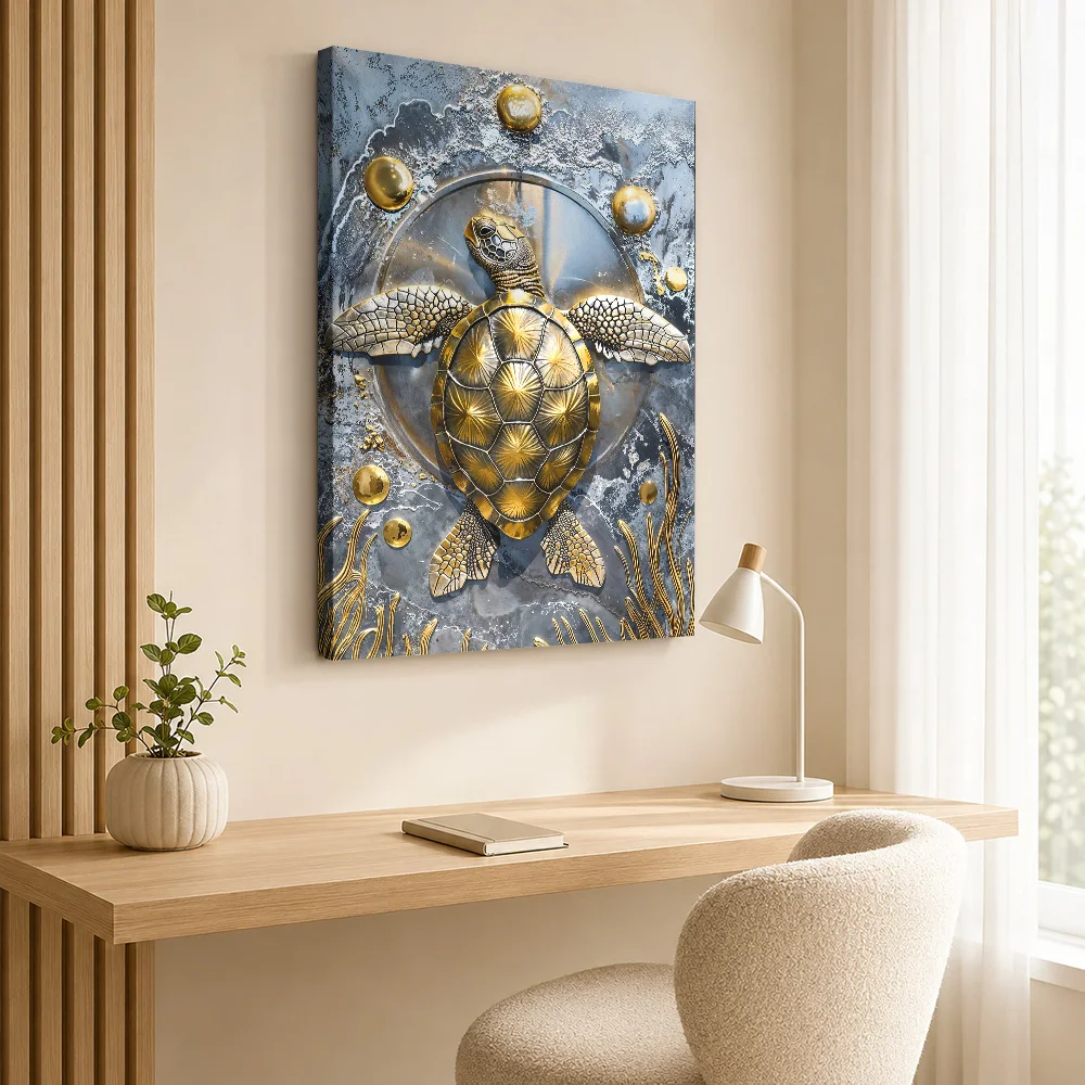 Golden Sea Turtle Majesty Framed Canvas Poster Custom Photo Funny Animal Wall Paintings Decoration for Kids Room Ready to Hang
