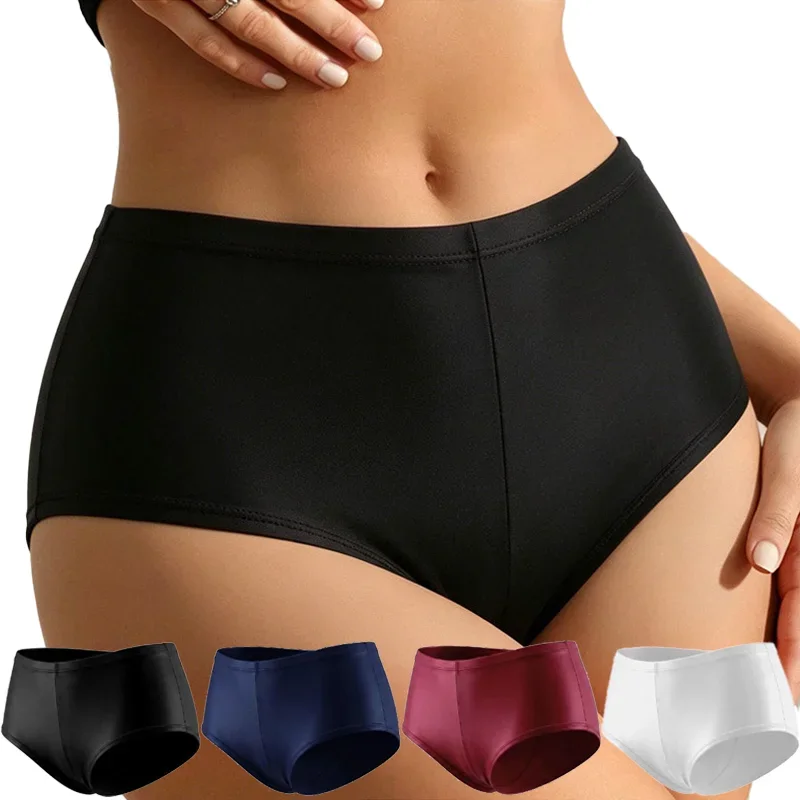 High Waist Solid Color Women Panties Plus Size Swim Fabric Underwear Soft Stretch Breathable Comfort Sports Bottom for Daily