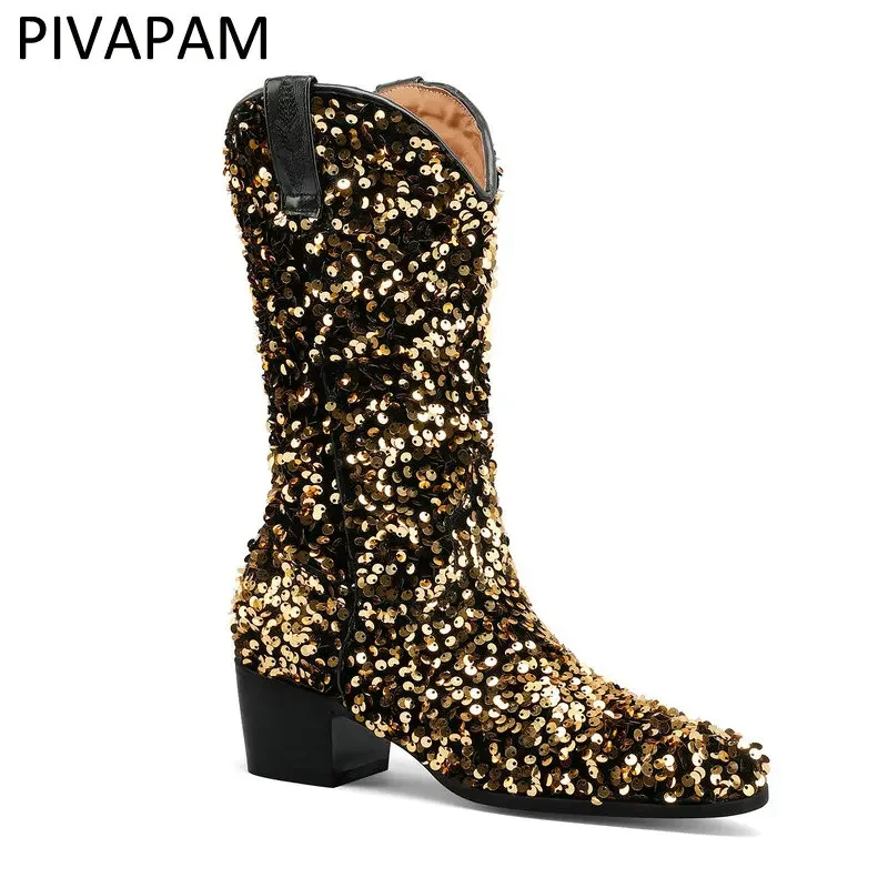 

Womens Glitter Mid Calf Boots Pointed Toe Chunky High Heels Ladies Pull on Ladies Thigh High Boots Goth Platform Women Boots