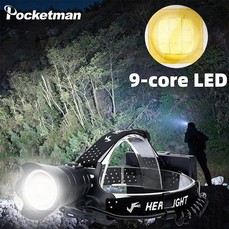 9‑Core LED Zoomable Headlamp Flashlight USB Rechargeable IPX5 Waterproof 90 Degree Adjustable Head Torch Powerful Headlight