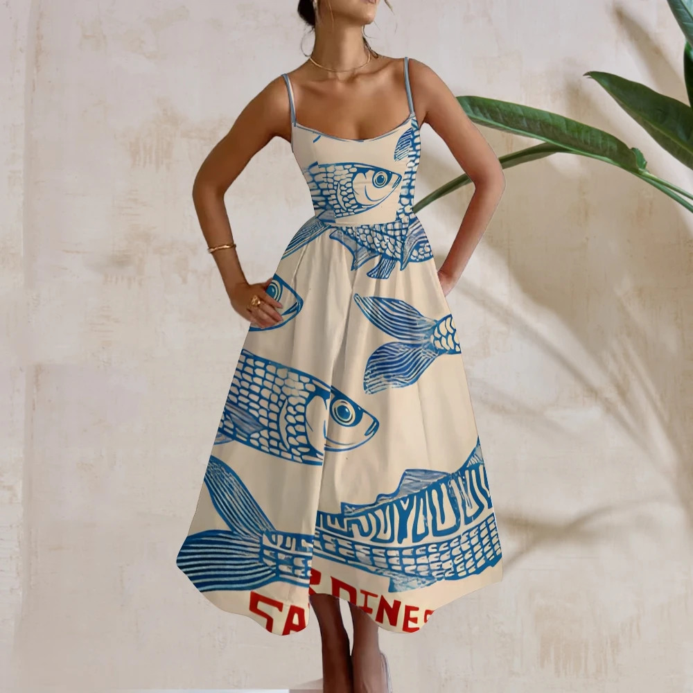 Retro Luxury Sardines Dress Sexy Hand-Painted Printed Vest Summer 2024 Women Tight Chic Spaghetti Strap Long Dress