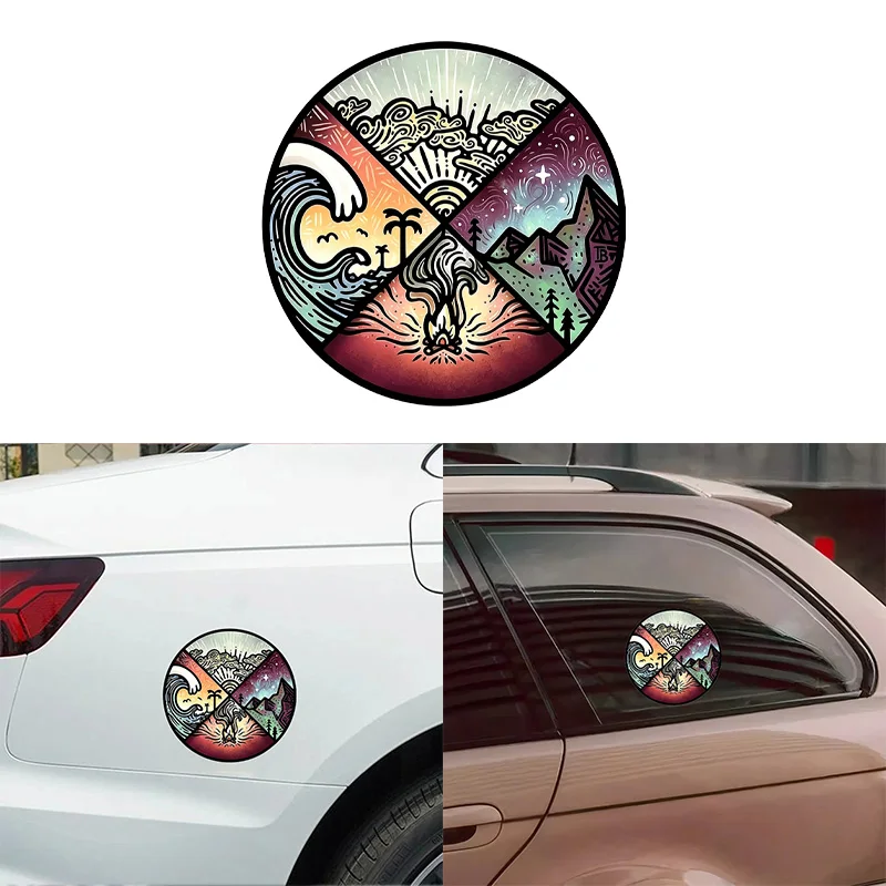 Circular Natural Element Vinyl Car Stickers, Sun Wave Campfire Volcano Stickers, Car Helmets, Motorcycles, Laptop Decorations