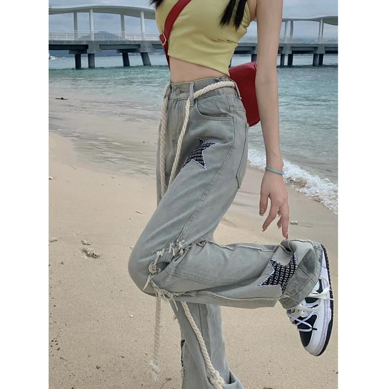 Blue Jeans for Women Printed High Waist American Fashion Y2K Chic Streetwear Wide Leg Jean 2023 Female Trouser Baggy Denim Pants