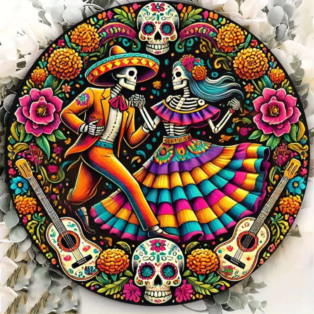 1pc 2D Flat Round Iron Metal Sign - Day of the Dead Lovers Sugar Skeleton Wall Art, Mexican Folk Art with Vibrant Floral Design