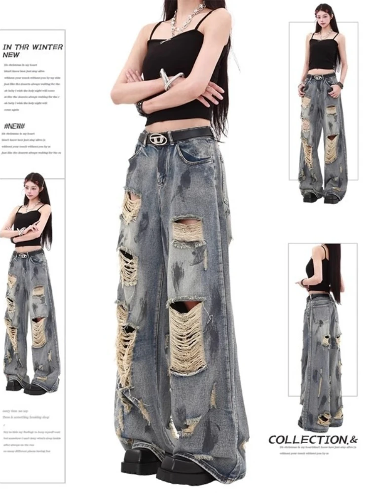 Summer Ripped Jeans for Women High Waisted Jeans Retro Versatile Straight Leg Pear Shaped Loose Flesh Blocking Leg Floor Pants