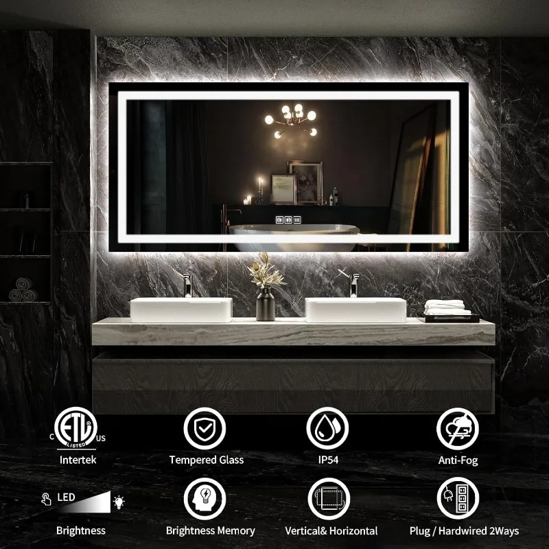 LED Mirror for Bathroom, 72x36 Inch Backlit + Front Lighted Bathroom Vanity Mirror with Lights