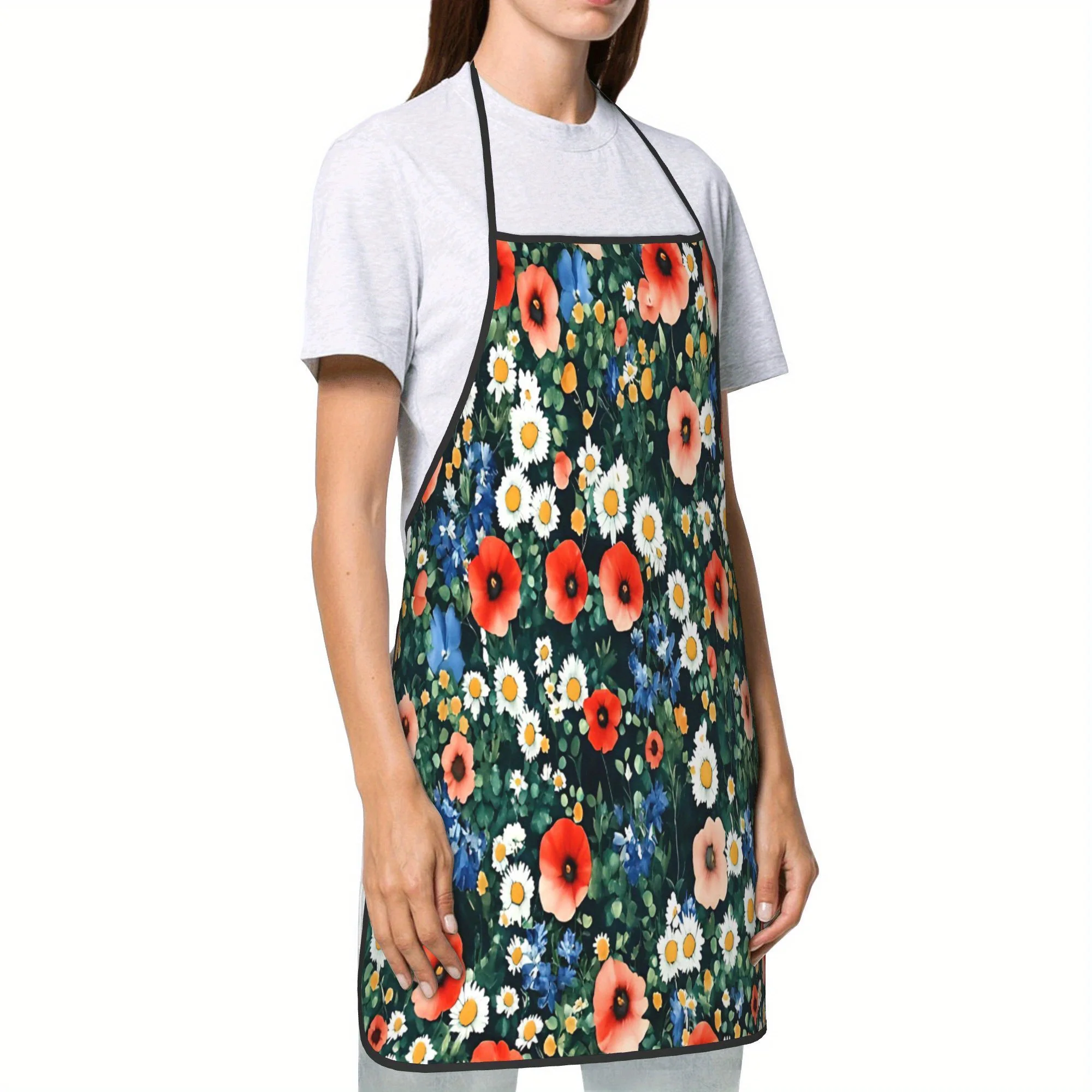 Unisex Adult Bib Apron - Red Poppies Dark Green, Durable Polyester Kitchen Apron for Cooking, Baking, Gardening