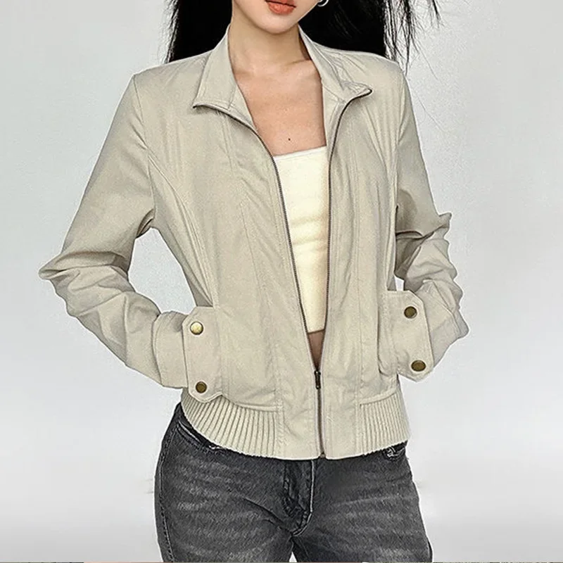 American Style Vintage Cargo Coat Women Turn Down Collar Moto Biker Sweatshirts Fashion Harajuku Jacket Female Chic Y2k Tops