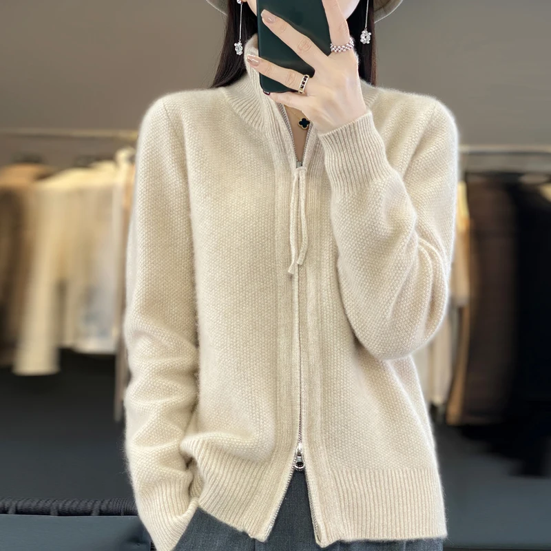 Double zipper Autumn/Winter new 100% Merino wool cardigan Cashmere sweater Women's semi-turtleneck cardigan warm bottomknitshirt