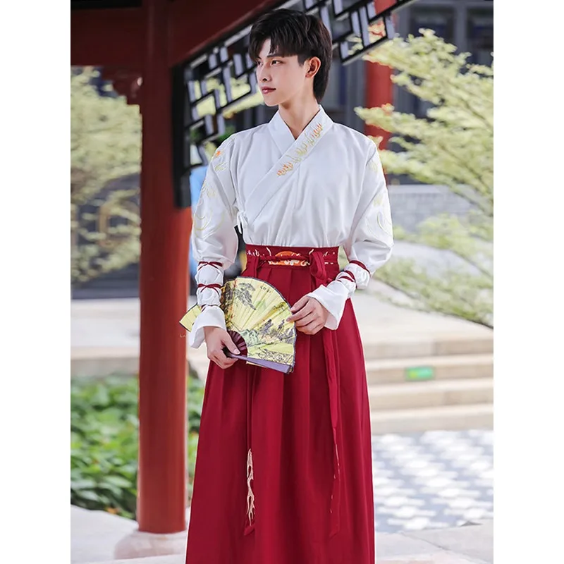 

Hanfu male fairy gas Chinese style red cross-neck knight big sleeve shirt suit