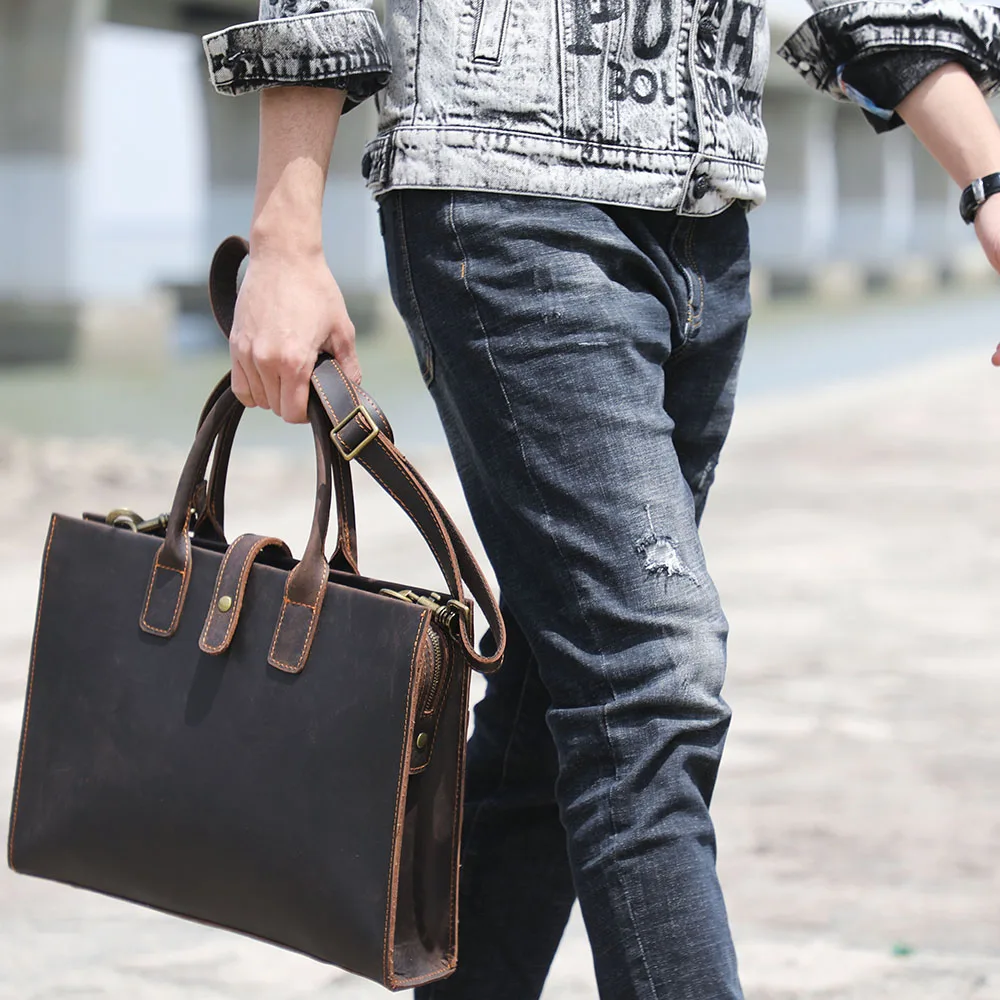 S.WORKER Handgefertigte Vintage-Leder-Aktentasche | Einfache Herren-Business-Handtasche 14" Laptop-Tasche – Detail 6