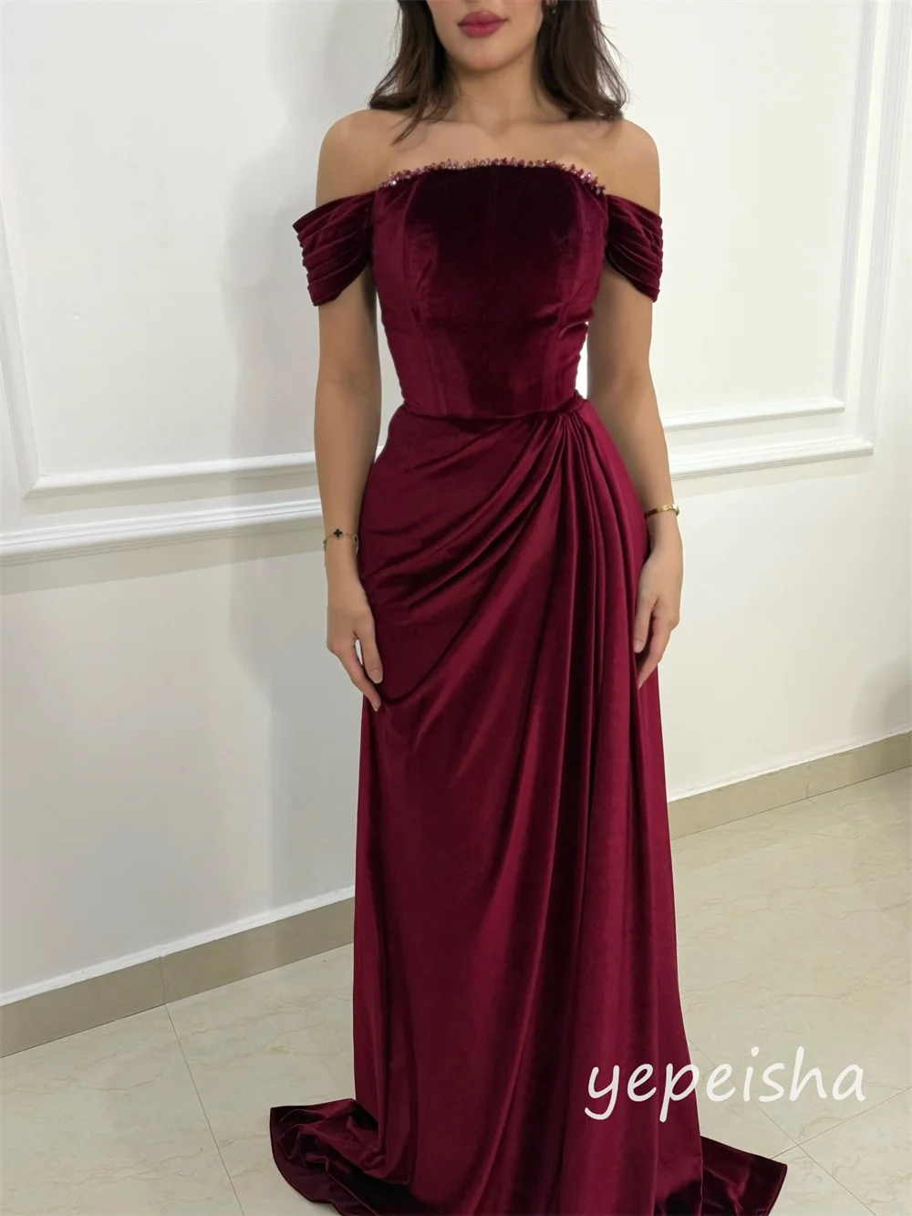 Customized Burgundy Velour Pleat Ruched Draped Rhinestone A-line Off-the-shoulder Long Dresses Evening Dresses Sizes Available