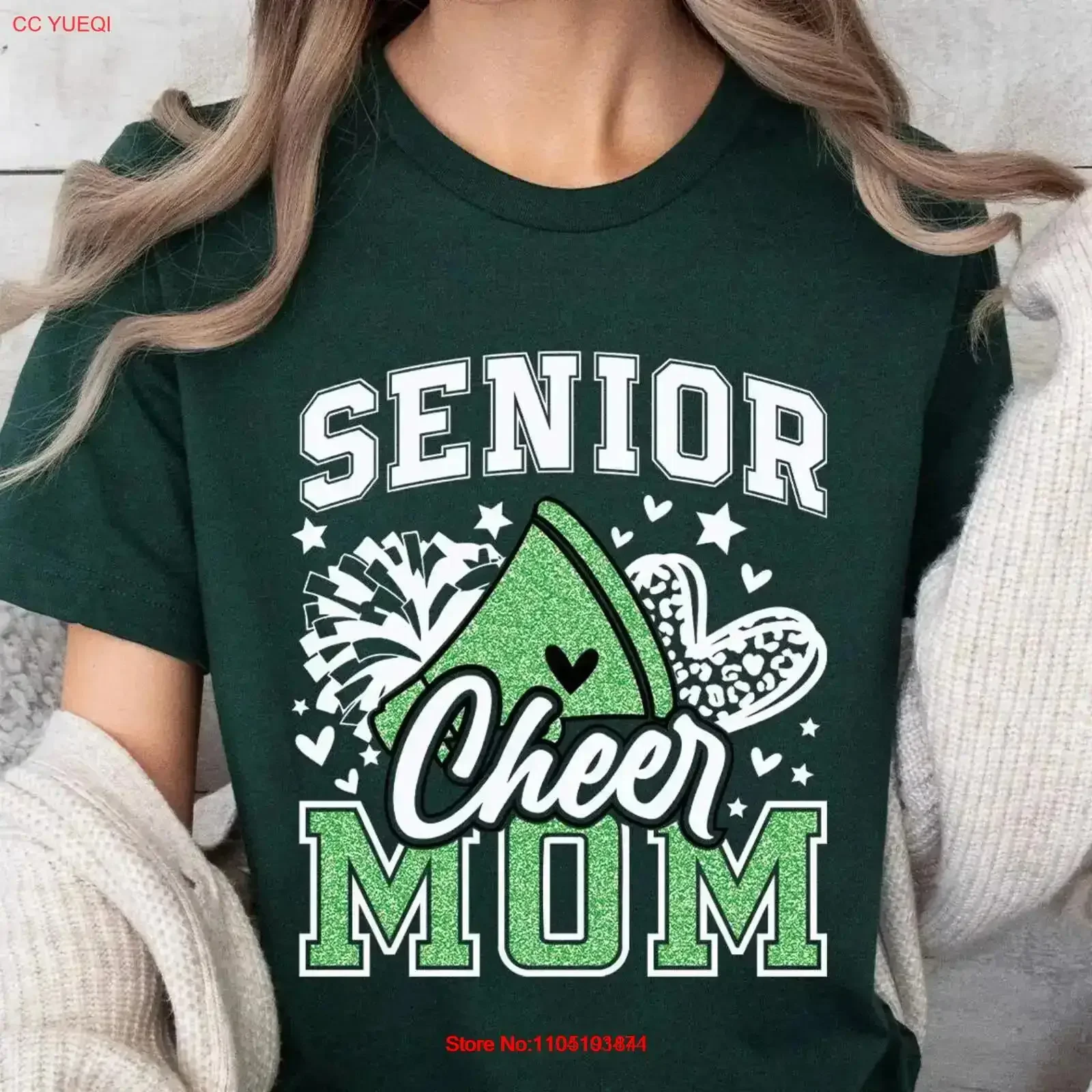 Senior Green Cheer Mom Era T Shirt Faux Glitter Custom Sparkly vintage Washed Versatile Comfortable Stretched homme Stylish